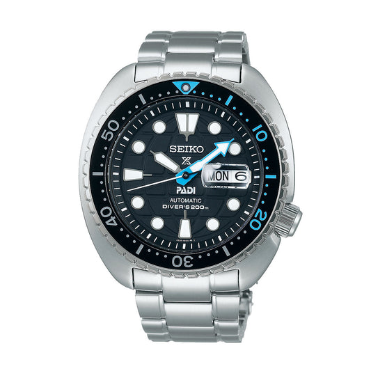 The Seiko Prospex Sea Automatic With Manual Winding 45mm Watch showcases a black bezel and dial, accentuated by white hour markers. It includes a day-date display indicating "Mon 6" and has a blue-tipped second hand. The watch's robust design is complemented by a stainless steel bracelet, emphasizing its advanced technology suitable for divers.