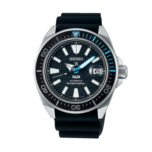 The Seiko Prospex Sea Automatic With Manual Winding 43.8mm Watch features a stainless steel case and black rubber strap. Equipped with innovative technology, this timepiece showcases a black dial with white markers, a date window at 3 o'clock, and striking blue accents on the hour and minute hands.