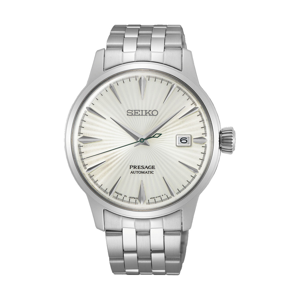 A Seiko Presage Cocktail Time Automatic 40.5mm watch by Seiko, featuring a textured cream dial with silver hour markers and black hands. It includes a date display at the 3 o'clock position, is equipped with a stainless steel bracelet, has the crown on the right side, and is powered by the Calibre 4R35 movement.