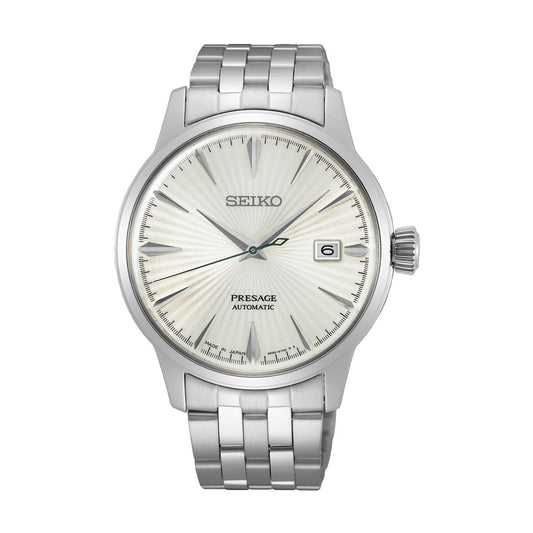 A Seiko Presage Cocktail Time Automatic 40.5mm watch by Seiko, featuring a textured cream dial with silver hour markers and black hands. It includes a date display at the 3 o'clock position, is equipped with a stainless steel bracelet, has the crown on the right side, and is powered by the Calibre 4R35 movement.