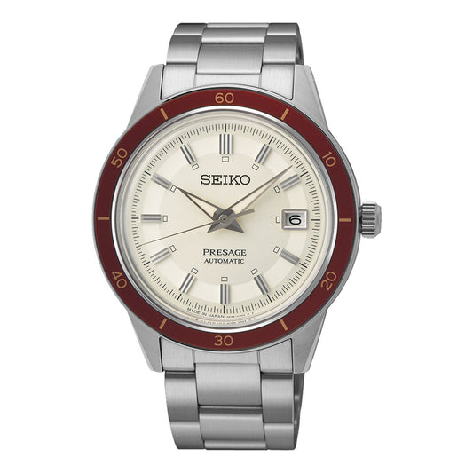 The Seiko Presage Automatic with Manual Winding 40.8mm Watch exemplifies Japanese aesthetic with its cream dial and dark red bezel. It includes silver markers and hands, a date window at 3 o'clock, and is paired with a stainless steel bracelet, highlighting its durable performance through superior mechanical watchmaking.