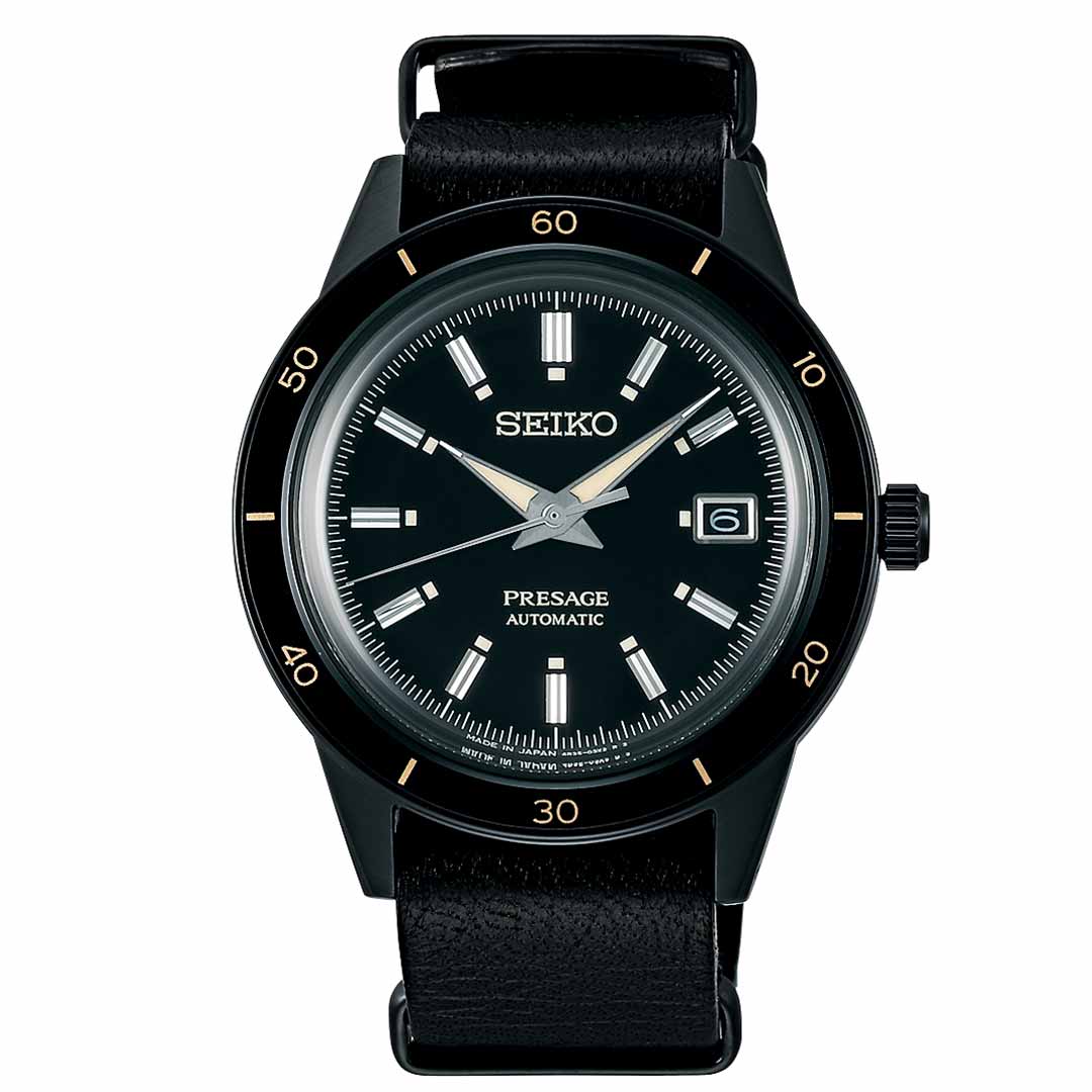 The Seiko Presage Style 60's Automatic 40.8mm Watch by Seiko features a sleek black dial, luminous hands and hour markers, and a refined black leather strap. With retro-inspired details like silver-tone accents and a date window at three o'clock, this timepiece is both timeless and effortlessly stylish.