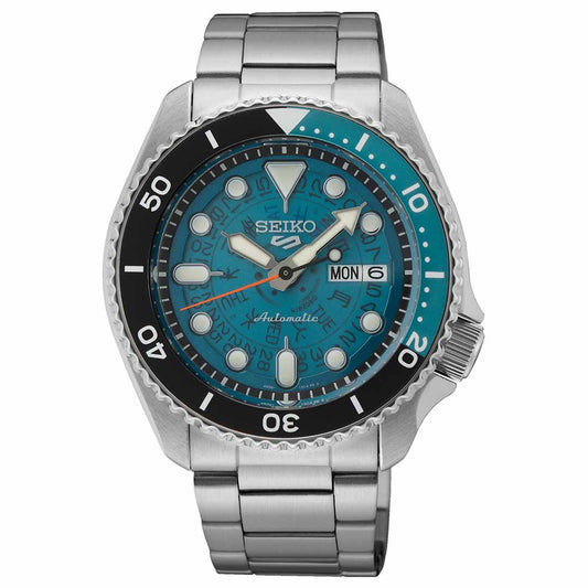 The Seiko 5 Sports SKX Series Automatic 42.5mm Watch by Seiko features a stainless steel case and bracelet, a striking blue and black rotating bezel, and an eye-catching turquoise dial. It includes a day and date display, with luminous hour markers and hands for easy readability.