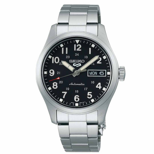 Discover the sophistication of the Seiko 5 Sports Field Series Automatic 36.37mm watch, crafted with a stainless steel design. It boasts a stylish black dial adorned with silver hour markers, excellent water resistance, as well as dual 12-hour and 24-hour formats complete with day and date windows. This timepiece is driven by automatic movement and features an elegant silver link band for a sleek finish.