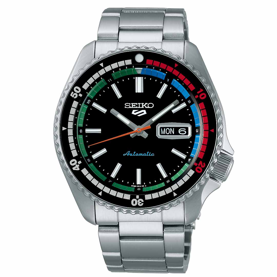 Explore the Seiko 5 Sports SKX Series Automatic 42.5mm Watch: a stainless steel timepiece by Seiko, showcasing a black dial with vibrant accents and automatic movement. It includes a date display at the 3 o'clock position, luminous hands, and a rotating bezel with minute markings, effortlessly combining style and precision.