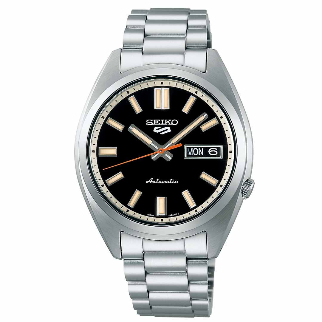 Introducing the Seiko 5 Sports SNXS Series Automatic 37.4mm Watch, a timepiece by Seiko. This stunning stainless steel watch boasts a striking black dial and silver hour markers, complemented by luminous silver hands. Its metal link bracelet offers both style and comfort, while the day and date display on the right side highlights its practicality. The watch is powered by automatic movement, ensuring precision and reliability.