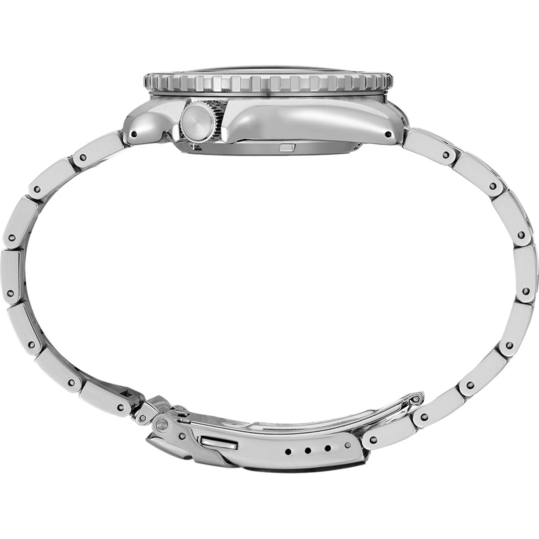 Side view of a Seiko 5 Sports SKX Series Automatic 42.5mm watch by Seiko, highlighting its intricate stainless steel bracelet design and prominent crown. The face is concealed, emphasizing the automatic watch's elegant clasp and links.