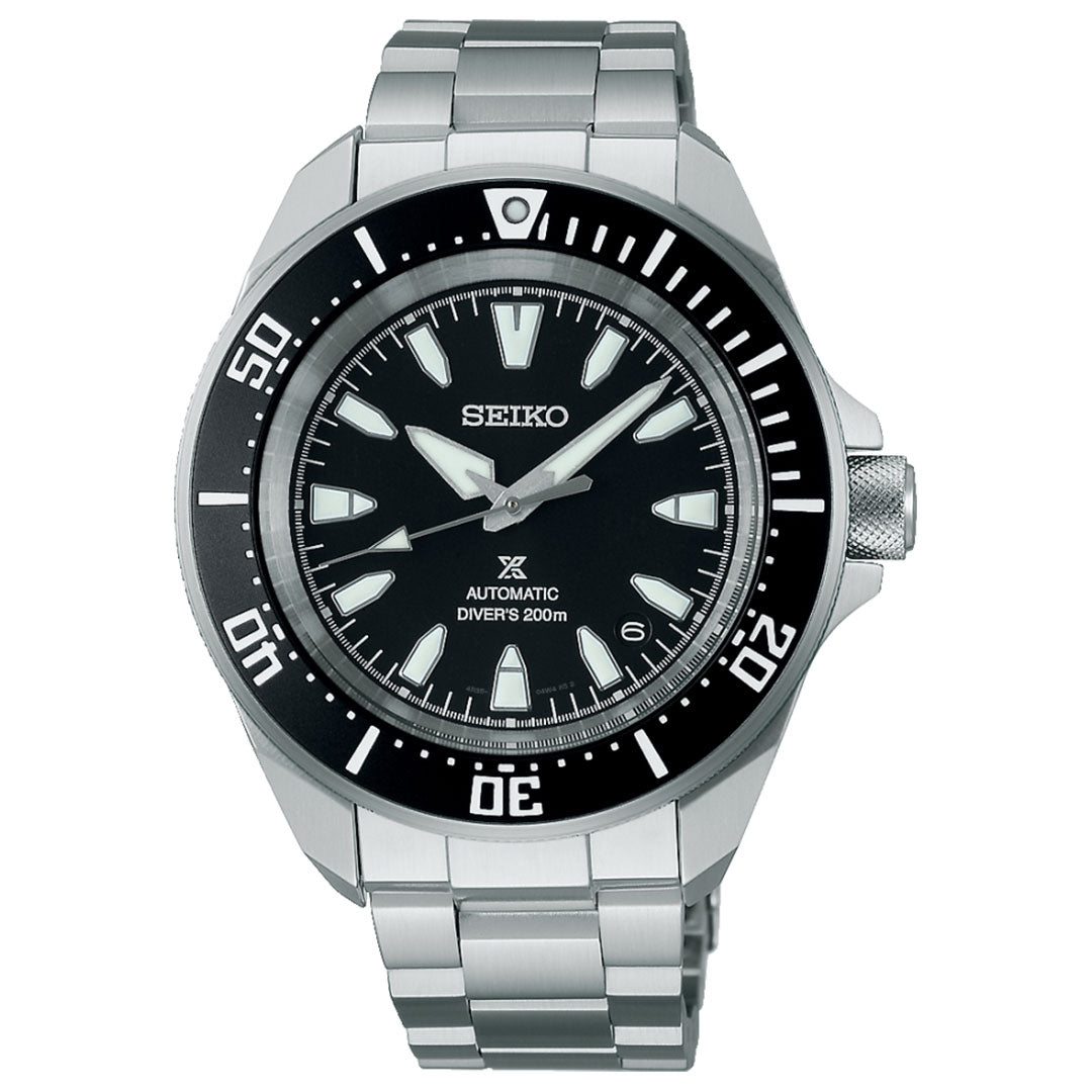 The Seiko Prospex Diver's Automatic 42mm Watch by Seiko features an automatic movement and comes with a metal bracelet. It has a black bezel and dial, along with luminous hands and hour markers. The watch includes a date window at the 3 o'clock position and offers water resistance up to 200 meters.