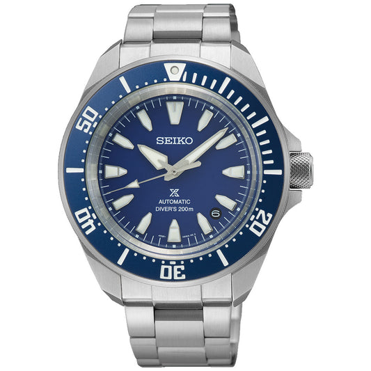 The Seiko Prospex Sea Automatic with Manual Winding 41.7mm Watch features a stainless steel case, blue dial and bezel, silver hour markers and hands, white minute markings on the bezel, and 200m water resistance.