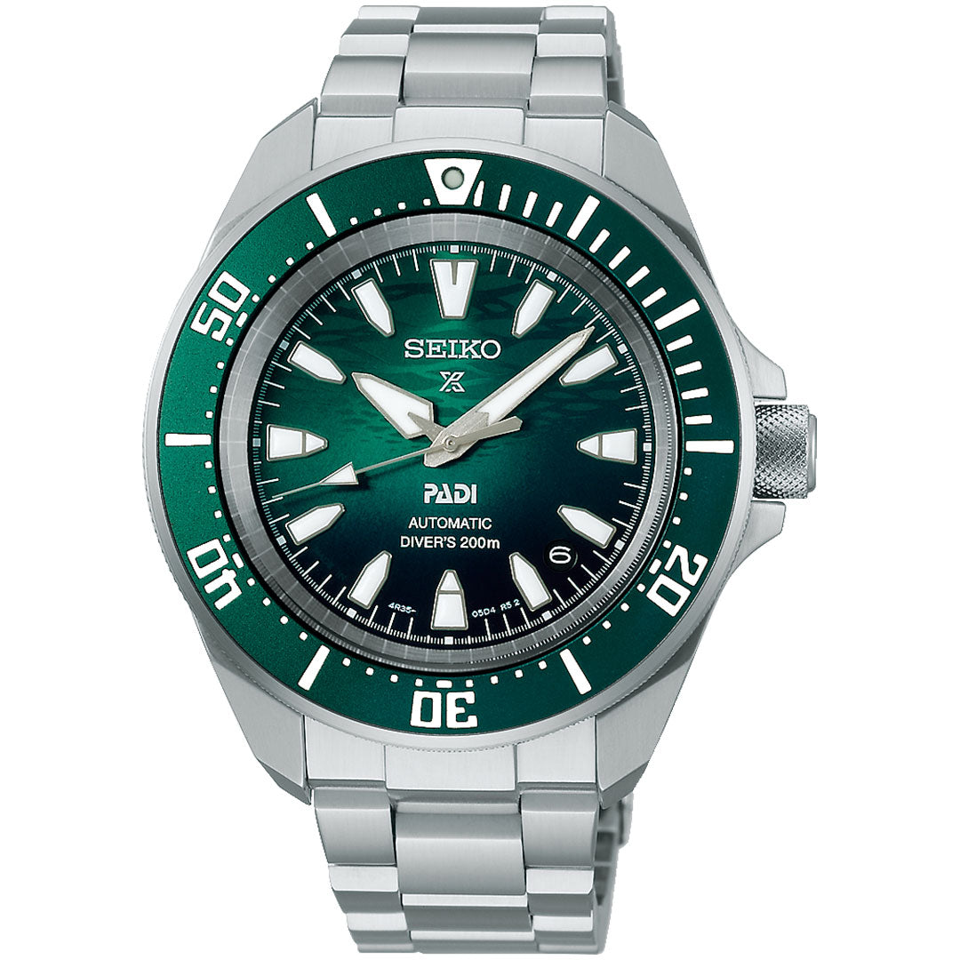 The Seiko Prospex Sea Automatic with Manual Winding 41.7mm Watch features a light emerald-green dial with "Seiko," "PADI," and “Automatic Diver’s 200m,” bold white markers, a green bezel, and a silver stainless steel band.