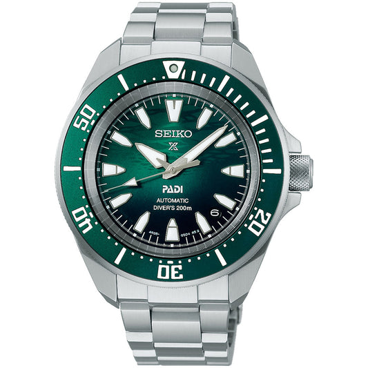 The Seiko Prospex Sea Automatic with Manual Winding 41.7mm Watch features a light emerald-green dial with "Seiko," "PADI," and “Automatic Diver’s 200m,” bold white markers, a green bezel, and a silver stainless steel band.