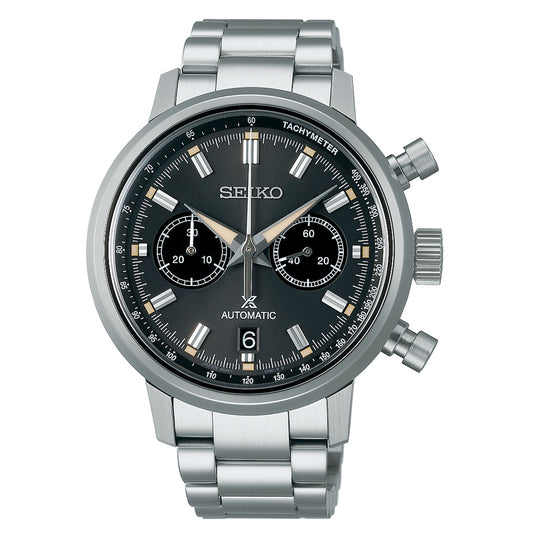 Explore the exclusive Seiko Prospex Speedtimer Automatic With Manual Winding 42.5mm watch, a limited edition masterpiece by Seiko. This automatic chronograph timepiece showcases a stainless steel band and a black dial featuring three subdials, a tachymeter scale, and white hour markers. The date is conveniently positioned at 6 o'clock.