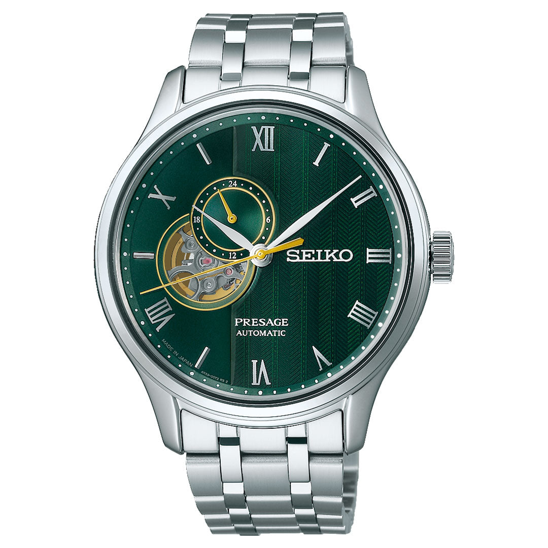 The Seiko Presage Japanese Garden Automatic 41.8mm Watch features a silver metal band, green textured dial with Roman numerals, an open-heart design revealing the mechanism, and a 24-hour subdial.
