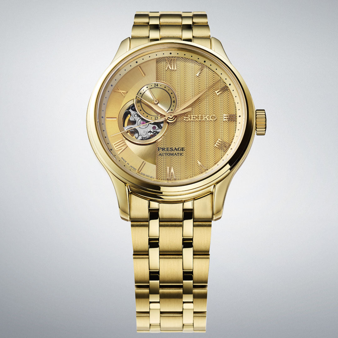 A Seiko Presage Japanese Garden Automatic with Manual Winding 41.8mm watch, featuring a skeleton dial with Roman numerals and a patterned face, is displayed on a light gradient background.