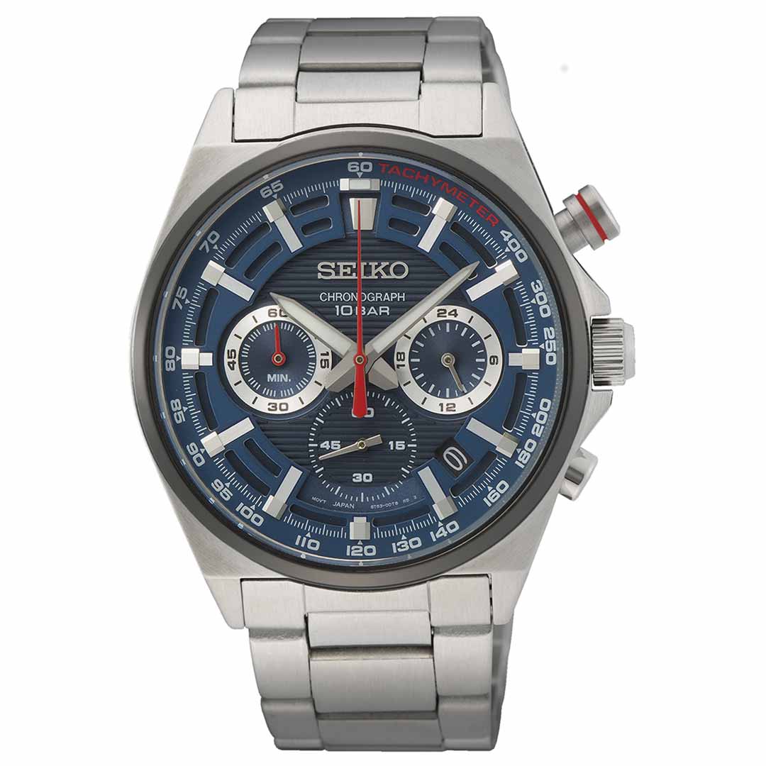 The Seiko Essentials Quartz 41mm Watch from Seiko features a stainless steel chronograph design, complete with a striking blue face, silver subdials, and red accents. Its tachymeter bezel enhances precision, while the linked metal bracelet provides both style and functionality.