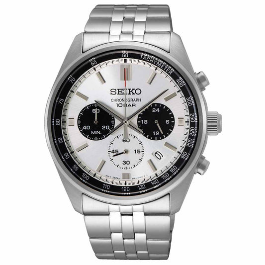 The Seiko Essentials Quartz 41.5mm Watch by Seiko is crafted from stainless steel and includes a white dial with a black tachymeter bezel. It is designed with silver hour markers, three sub-dials, a striped metal bracelet, and side push buttons.