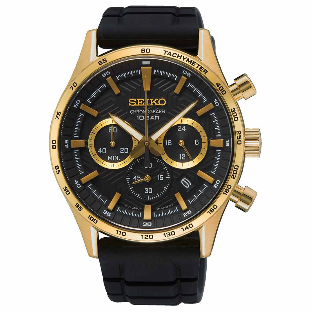 The Seiko Essentials Quartz 43mm Watch features gold-plated accents and a refined black strap. Its black dial includes gold indices, three subdials, and is driven by precise quartz movement. Positioned on the right side are two buttons and a crown, with "Seiko Chronograph 10 Bar" elegantly displayed on the face.