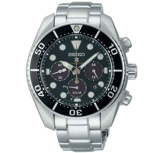 A special edition Seiko Prospex Sea Solar Chronograph watch features a silver design with a black dial and bezel, accented by white hour markers and hands. This 44.5mm Seiko model includes three sub-dials, a date function, and is paired with a stainless steel bracelet.
