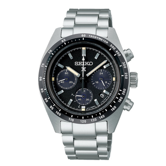 The Seiko Prospex Solar 39mm Watch features a stainless steel bracelet and a black dial adorned with three subdials and a tachymeter bezel. Its silver-toned hands and markers contribute to the sophisticated design, while its innovative technology highlights Seiko's exceptional craftsmanship.