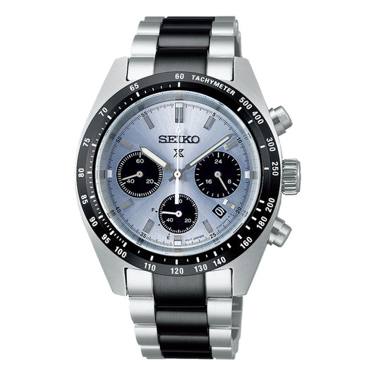 Introducing the Seiko Prospex Speedtimer Solar Chronograph Limited Edition 39mm Watch, featuring a striking silver and black design. This exceptional timepiece includes a tachymeter bezel, a stainless steel band, a silver dial, and three black sub-dials from Seiko that capture precision at its finest.