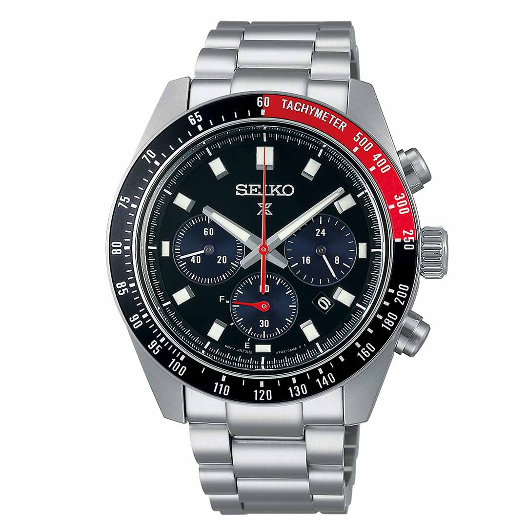 The Seiko Prospex Speedtimer Solar 41.4mm Watch by Seiko includes a black dial with three subdials, silver hour markers, and features a tachymeter bezel accented in red from 140 to 250, along with a stainless steel band.