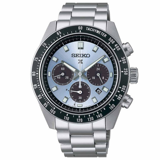 The Seiko Prospex Speedtimer Solar 41.4mm Watch, crafted by Seiko, features an elegant stainless steel band and a captivating blue dial. This watch runs on solar movement and comes with three subdials, a date window, and a tachymeter bezel. Luminous hour markers and hands contribute to its refined design.