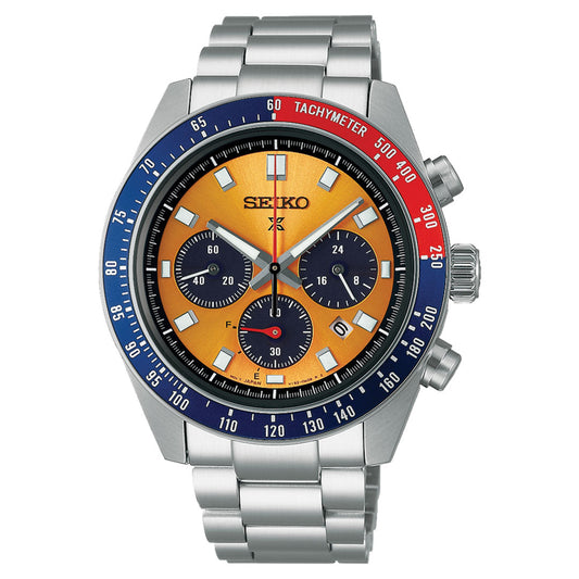 The Seiko Prospex Speedtimer Solar 41.4mm Watch is a solar-powered timepiece with a silver metal band, featuring an orange dial, along with a blue and red tachymeter bezel and three subdials. Its rugged design is enhanced by hands and indices accented in white and black.