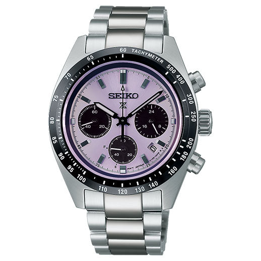 The Seiko Prospex Speedtimer Solar Chronograph 39mm World Athletics Championships Tokyo 25 Limited Edition (6,000 pieces) features a light purple dial, three subdials, date window, black tachymeter bezel, metal bracelet, and side pushers.