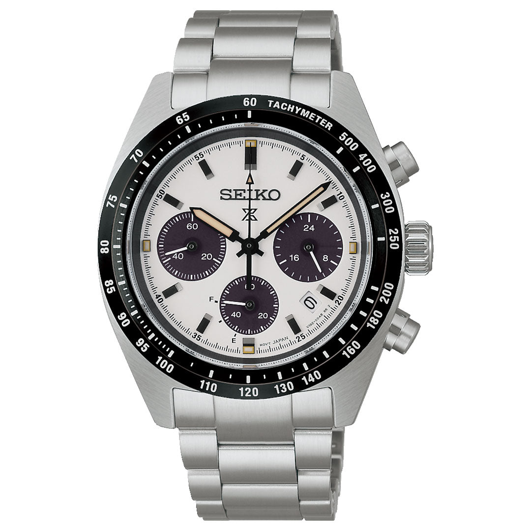 The Seiko Prospex Speedtimer Solar Chronograph 39mm Watch features a stainless steel case, silver bracelet, white dial with black bezel and subdials, curved sapphire glass, tachymeter markings, and two right-side pushers.