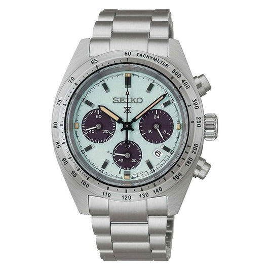 The Seiko Prospex Speedtimer Solar Chronograph 39mm features a stainless steel band, light blue dial with three black subdials, tachymeter bezel, and has two pushers and a crown on the right.