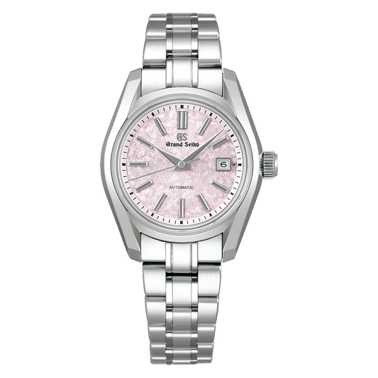 The Grand Seiko Heritage Collection Automatic with Manual Winding 30mm Watch features stainless steel, Zaratsu polishing, a sakura-kakushi pink dial, silver markers and hands, date at 3 o'clock, and a matching metal bracelet.