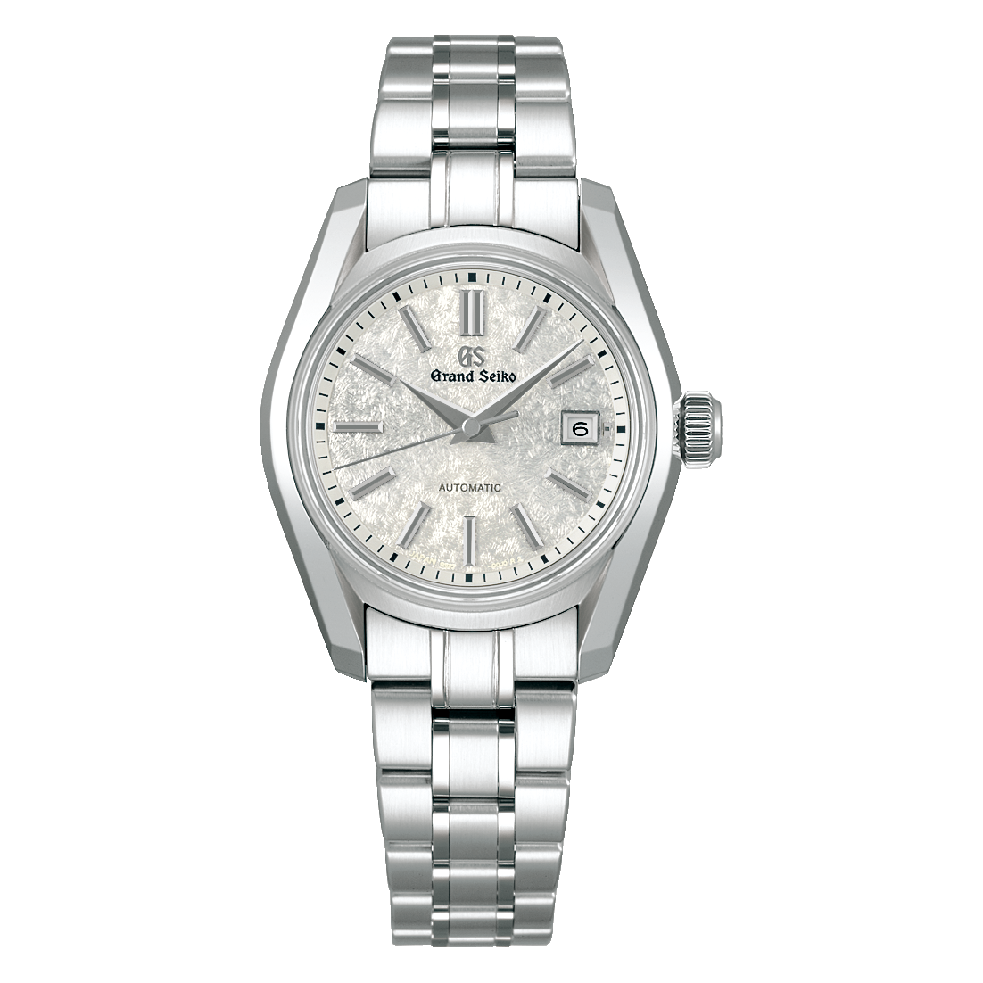 The Grand Seiko Heritage Collection Automatic with Manual Winding 30mm Watch features a stainless steel case and bracelet with Zaratsu polishing, a textured silver dial, silver markers and hands, date at 3 o’clock, and Grand Seiko branding below 12.