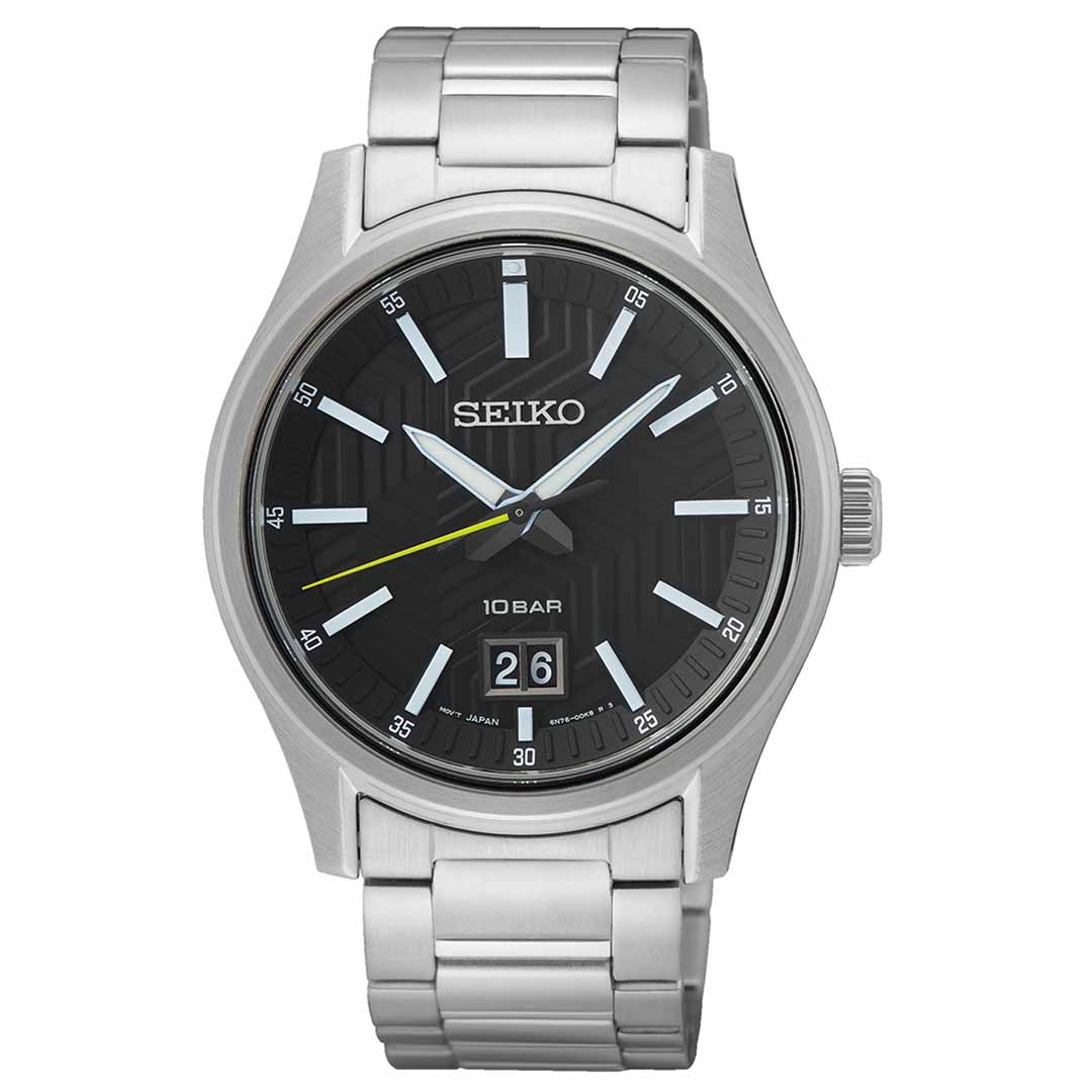 The Seiko Essentials Quartz 39.5mm Watch by Seiko showcases a classic design with a stainless steel case. It includes a black dial with white hour markers and hands, complemented by an eye-catching yellow second hand, a date display, and the "10 BAR" marking. The timepiece is finished with a sleek metal band that exudes timeless elegance.