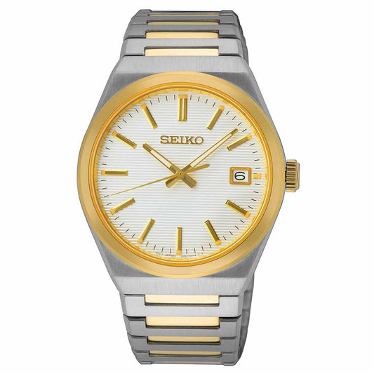 The Seiko Essentials Quartz 39mm Watch by Seiko boasts a sophisticated silver and gold-plated stainless steel band. Its round face displays a white textured dial adorned with gold hour markers and includes a date window at the 3 o'clock position, all protected by a sapphire crystal. The gold bezel perfectly complements the sleek metallic body and band.