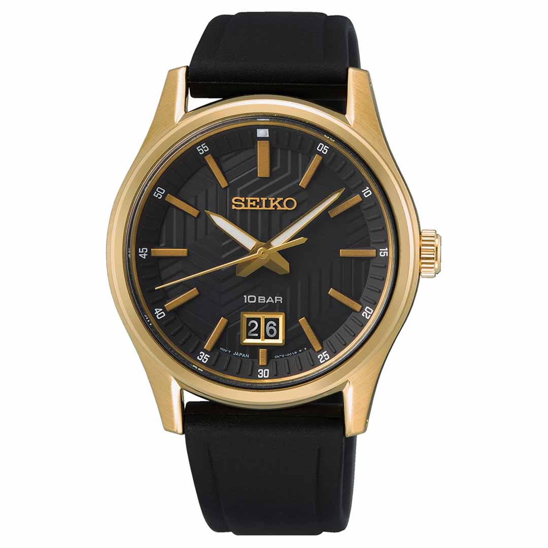 The 39.5mm Seiko Essentials Quartz Watch by Seiko features a modern black dial complemented by a black silicone strap. Enhanced with gold hour markers and a date display, this elegant timepiece is water-resistant up to 10 bar and protected by a durable sapphire crystal.