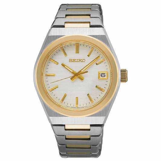 Experience timeless elegance with the Seiko Essentials Quartz 34mm Watch. This piece showcases a silver and gold-plated stainless steel bracelet, a round white face adorned with gold hour markers and hands, and includes a date display at 3 o'clock. Its sleek bezel enhances the modern design, embodying classic sophistication.