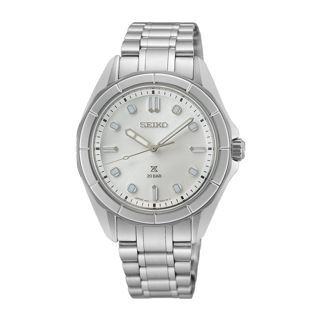 A Seiko Prospex Sea Quartz 34mm Watch by Seiko, featuring a stainless steel case and metal band, a white dial with silver hour markers and hands, and the “Seiko” logo at 12 o’clock. The watch face also displays “20 BAR” and the “X” emblem on the lower half, showcasing its reliable quartz movement.