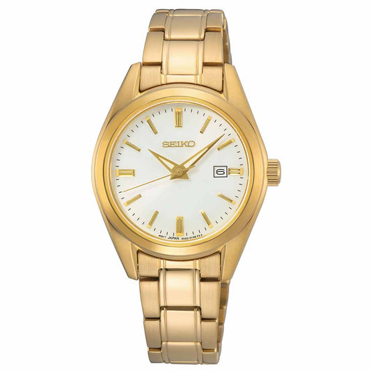 The Seiko Essentials Quartz 29.8mm Watch from Seiko exudes timeless elegance with its gold-plated case, white dial, and gold hour markers and hands. With a date display positioned at 3 o'clock and a striking gold bracelet band, it perfectly blends style and functionality.