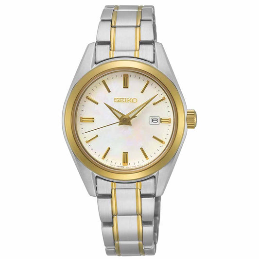 Introducing the Seiko Essentials Quartz 29.8mm Watch, featuring a sophisticated silver and gold link band. This Seiko creation boasts a round face with gold hour markers and hands set against a pristine white background, complete with a date window positioned at 3 o'clock. The elegant design is enhanced with gold-toned, gold-plated stainless steel accents on its bezel and bracelet.