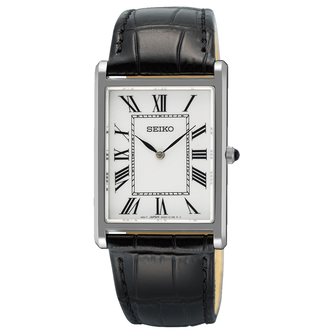 The Seiko Classic Quartz 27.2mm Watch features a rectangular case, white dial with black Roman numerals, silver hands, and a black crocodile-pattern leather strap.