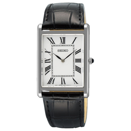 The Seiko Classic Quartz 27.2mm Watch features a rectangular case, white dial with black Roman numerals, silver hands, and a black crocodile-pattern leather strap.