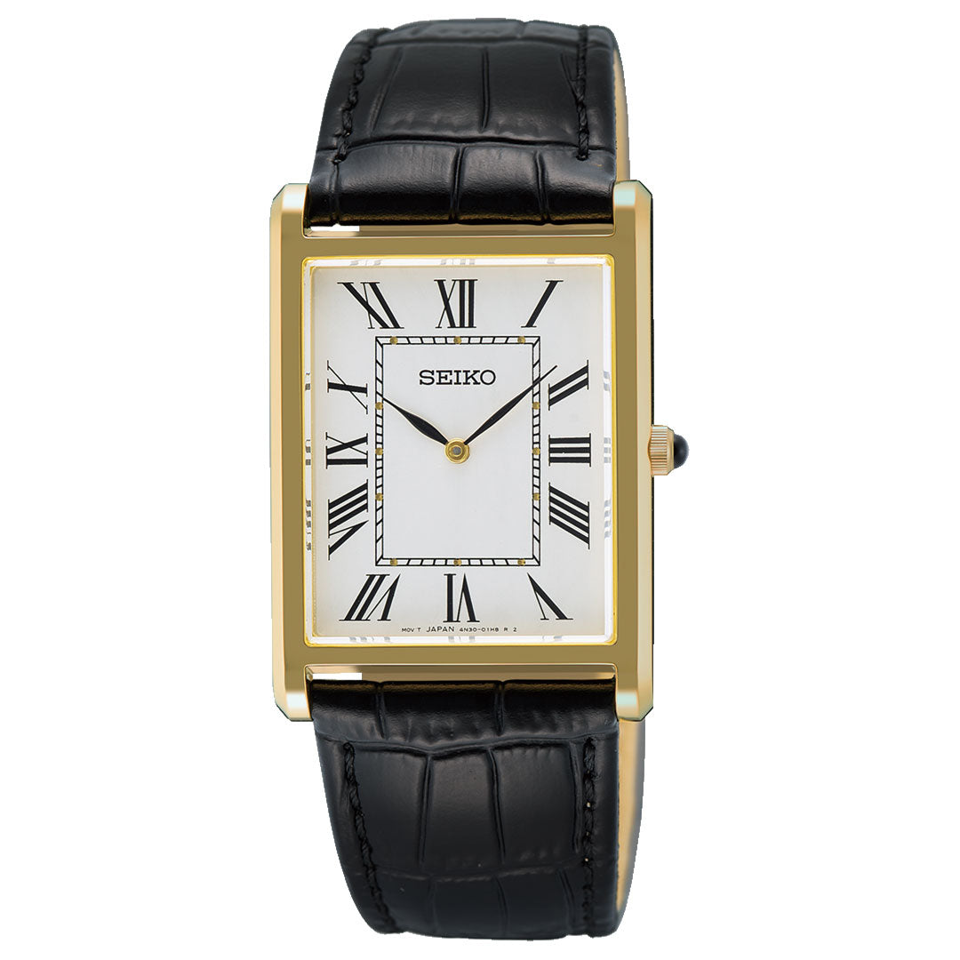 The Seiko Classic Quartz 27.2mm Watch features a rectangular gold case, white dial with black Roman numerals and hands, and a black crocodile-pattern leather strap.