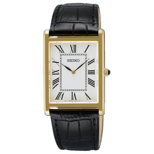 The Seiko Classic Quartz 27.2mm Watch features a rectangular gold case, white dial with black Roman numerals and hands, and a black crocodile-pattern leather strap.