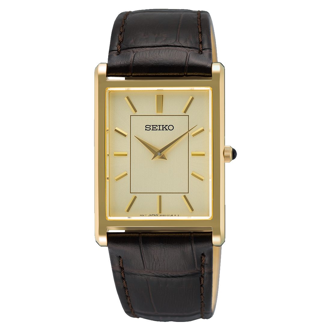Rectangular gold-tone Seiko Essentials Quartz 27.2mm Watch with a champagne dial and a dark brown leather strap.