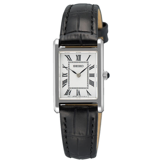 The Seiko Classic Quartz 19.6mm Watch features a rectangular silver case, white dial with black Roman numerals, black hour and minute hands, and a textured black leather strap.