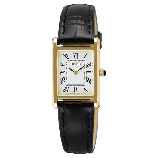 The Seiko Classic Quartz 19.6mm Watch features a rectangular gold-tone case, white dial with black Roman numerals, black hour and minute hands, and a black crocodile-pattern leather strap.