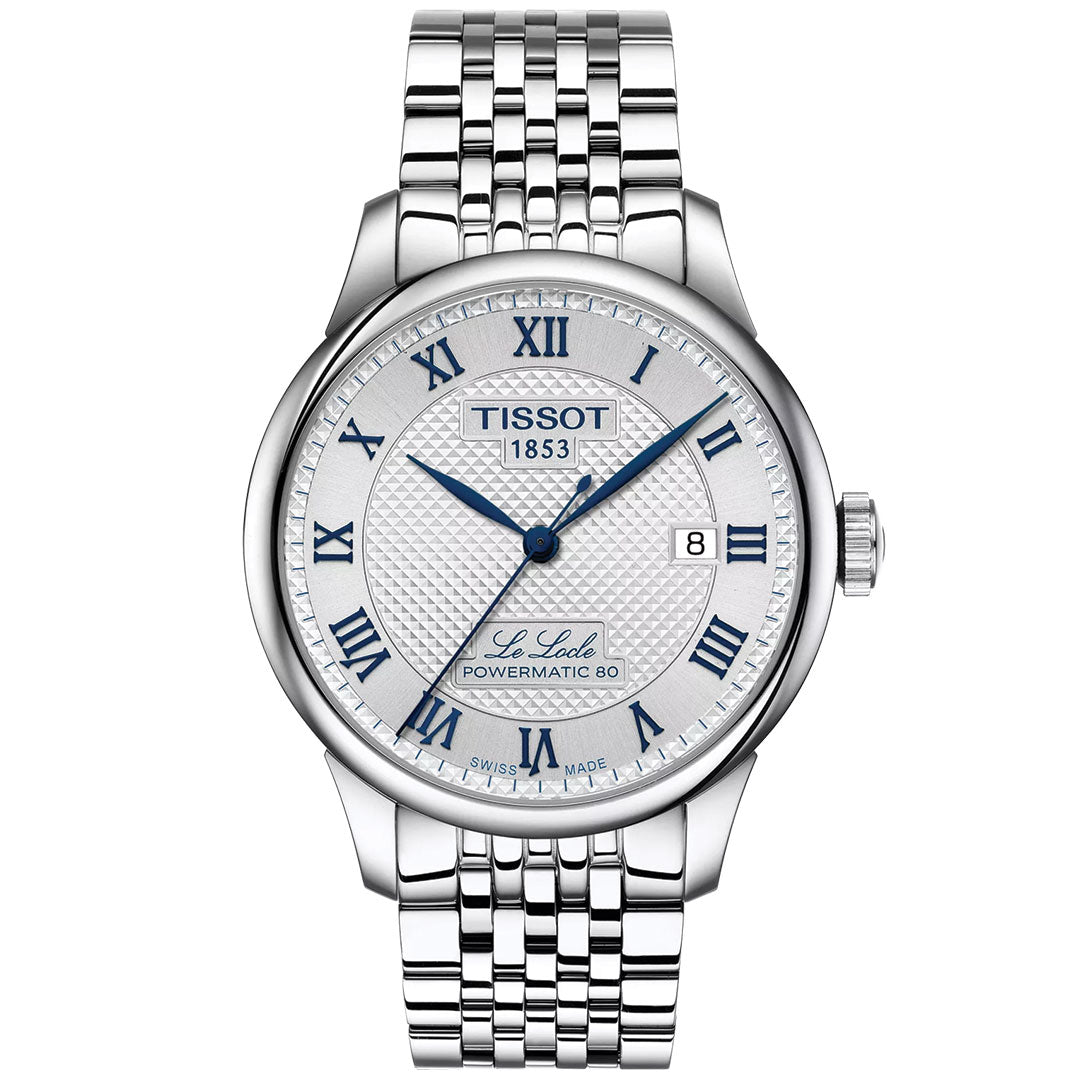 The Tissot Le Locle 20th Anniversary Powermatic 80 Automatic 39.3mm Watch features a silver case, white patterned dial with blue Roman numerals, date at 3 o’clock, silver bracelet, and an 80-hour power reserve.