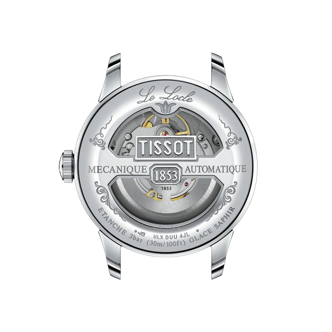 Back view of the Tissot Le Locle 20th Anniversary Powermatic 80 Automatic 39.3mm Watch, revealing its Swiss automatic movement, rotor, "TISSOT 1853", "GLACE SAPHIR" engravings, and an impressive 80-hour power reserve.