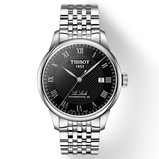 The Tissot Le Locle Powermatic 80 Automatic 39.3mm Watch from Tissot features a Swiss automatic movement, complemented by a sleek silver metal band and a black dial adorned with Roman numerals and a date display. Its stainless steel case is enhanced with scratch-resistant sapphire crystal, while "Tissot 1853" elegantly adorns the face.