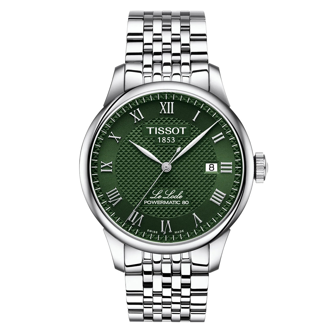 The Tissot Le Locle Powermatic 80 Automatic 39.3mm Watch features a green textured dial with Roman numerals, a date window at 3 o’clock, and a stainless steel bracelet—showcasing Tissot’s Swiss heritage and elegance.
